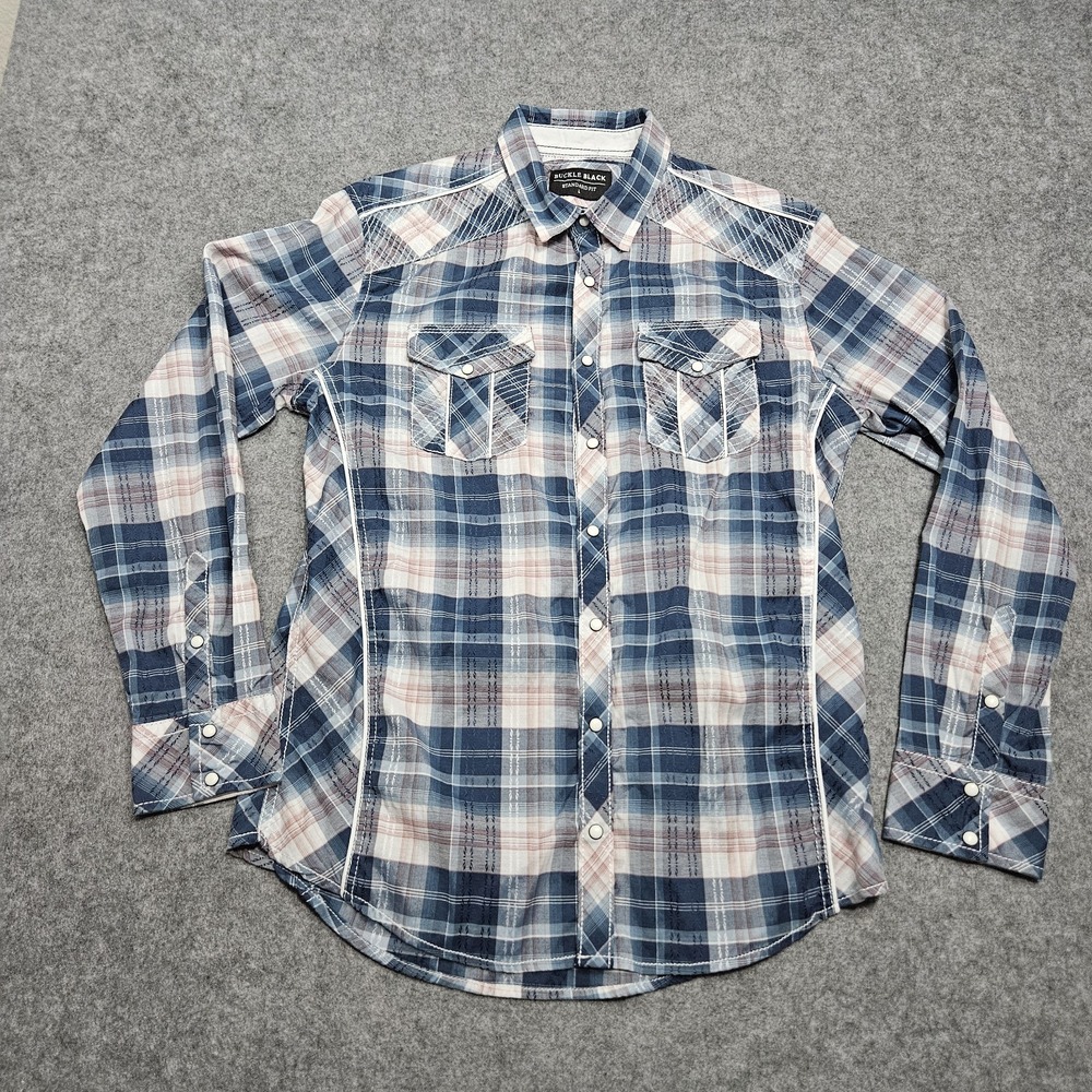 BKE Buckle L Blue Plaid Standard Fit Pearl Snap Long Sleeve Shirt Large‎
